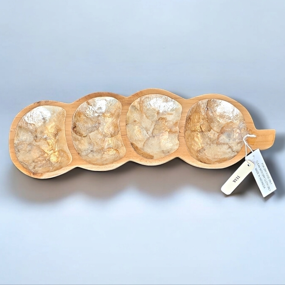 Teak Wood Decorative Shell Lined Trinket Dish - OS